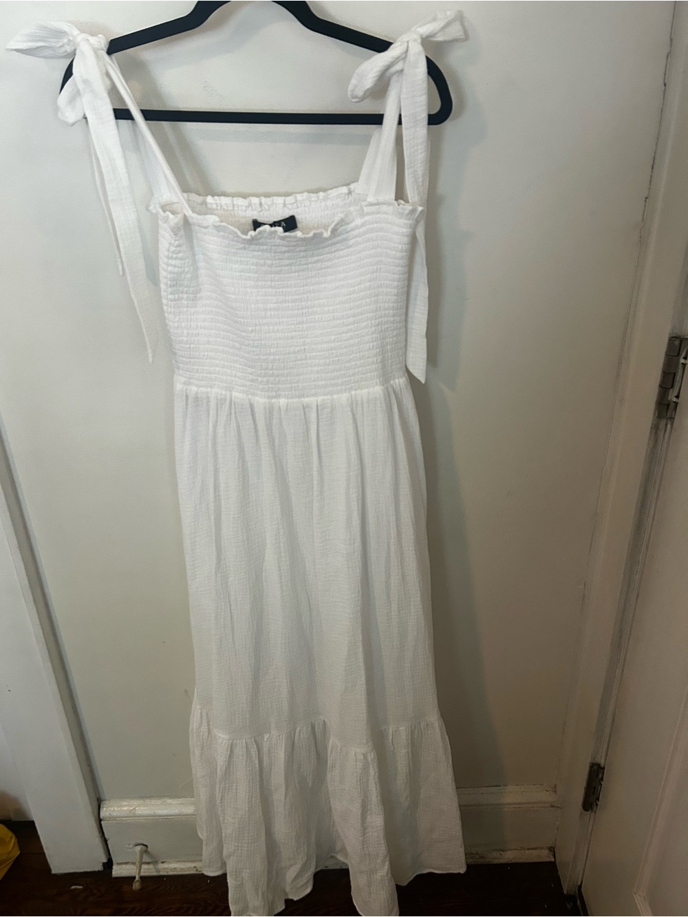 Smocked Tie-Shoulder White Maxi Dress